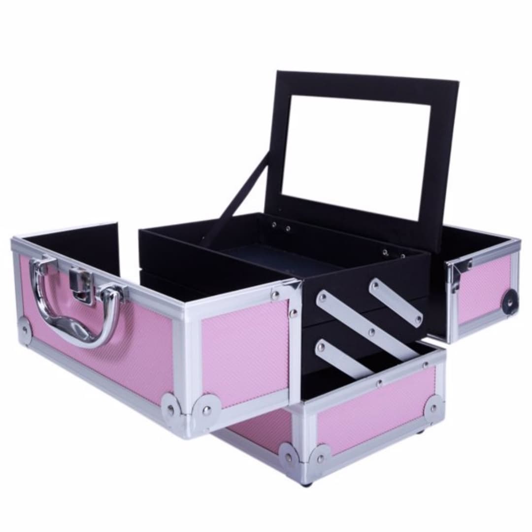 Boîte Maquillage Portable Aluminium Rose — Miroir Intégré
