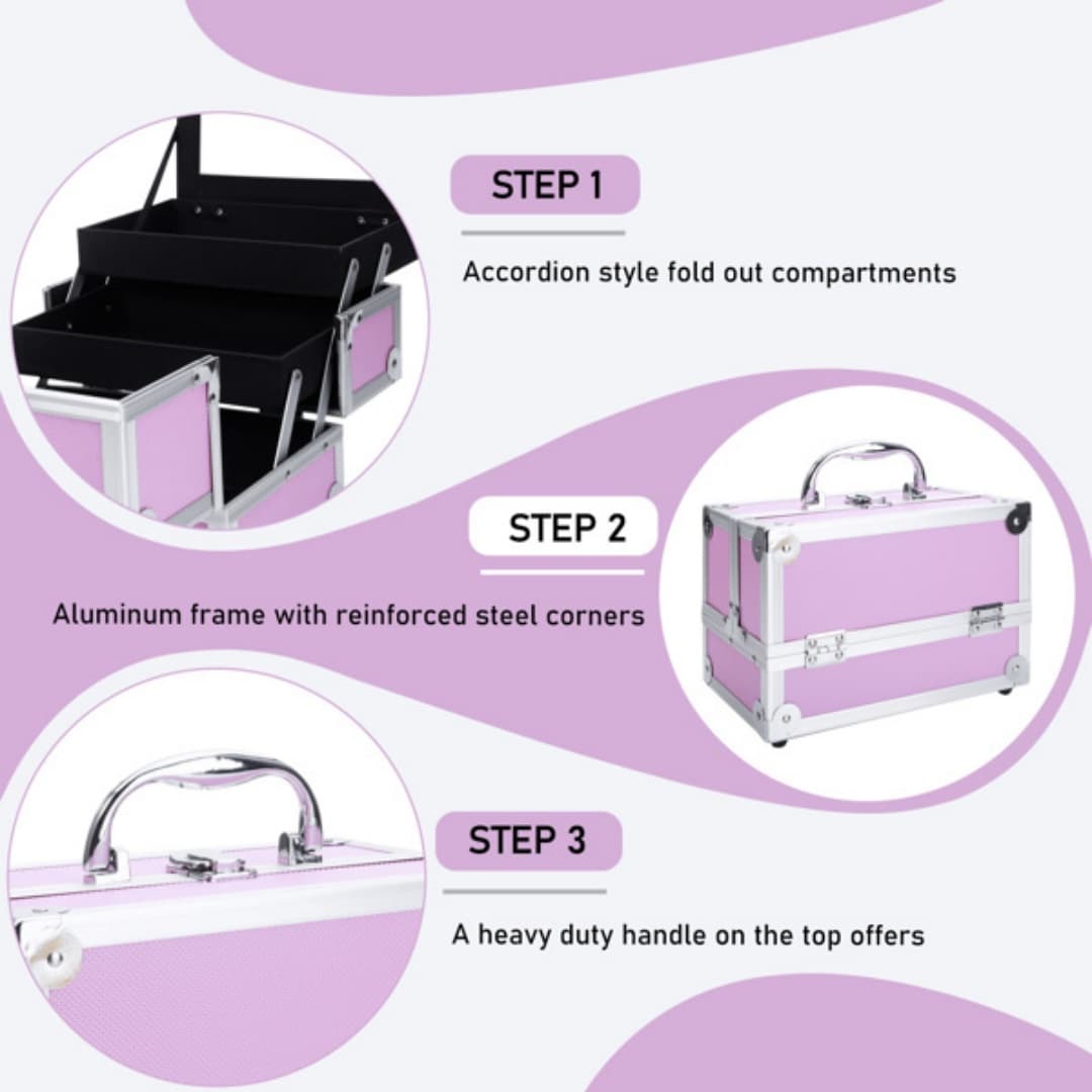 Boîte Maquillage Portable Aluminium Rose — Miroir Intégré 3